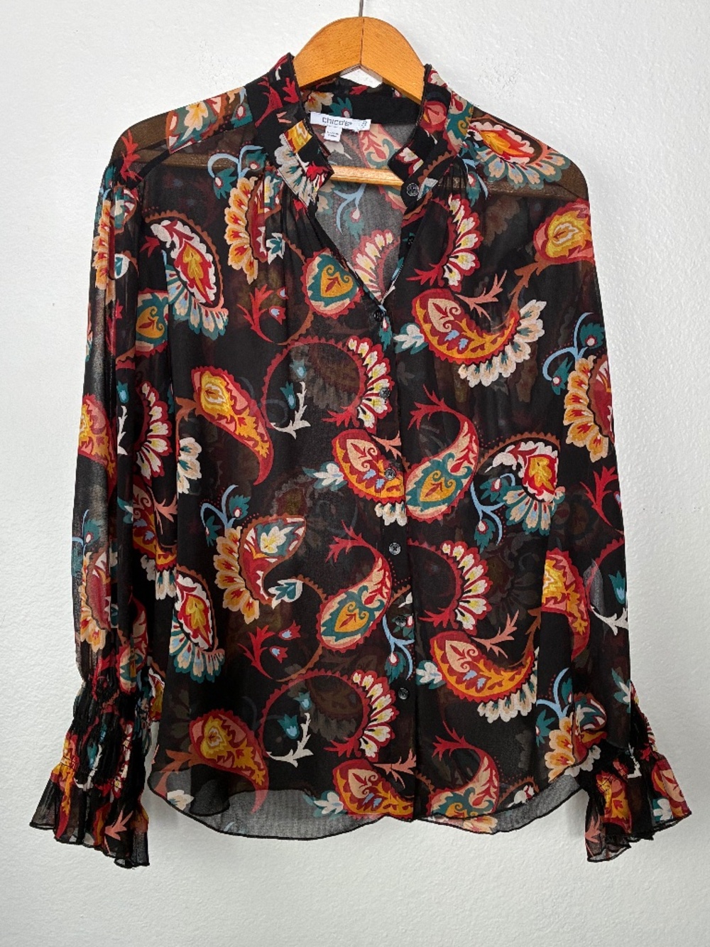 Chico's Chiffon Paisley Sheer Button Down Shirt Size 3.5(US 18) Ruffle Fall